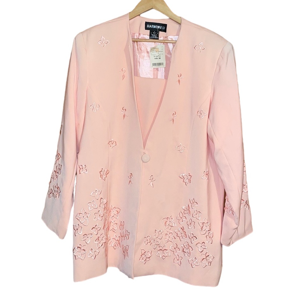 •HARMONY NY•NWT PEACH EMBROIDER 3D FLORAL PUFF SHOULDER 1-BUTTON BLAZER SIZE 16